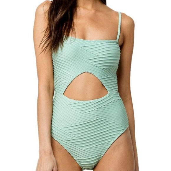 Bikini Lab One-Piece Swimsuit Front Cut Out Ruched Stripes Adjustable Green M - Picture 1 of 7